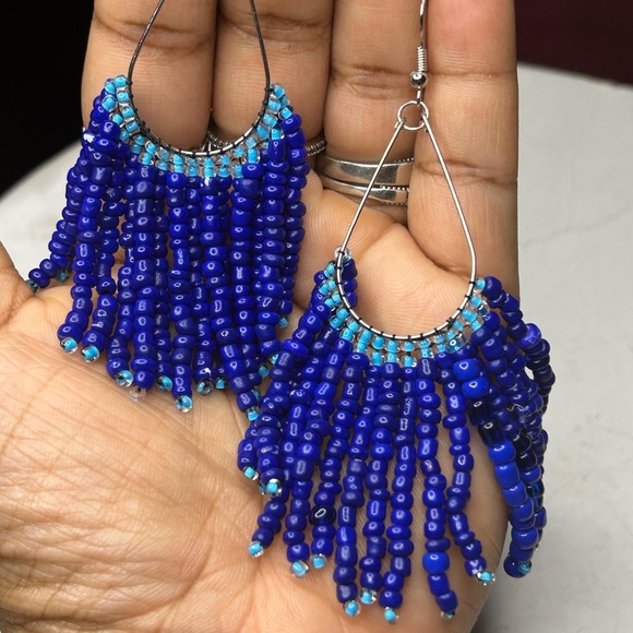 Vibrant Blue Beaded Fringe Earrings - Picture 2 of 3